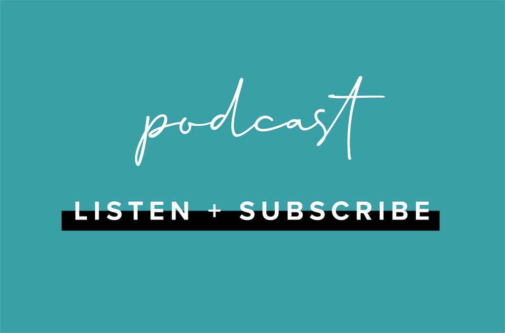 An aqua background with the word podcast written in cursive. underneath podcast there is text that reads listen and subscribe. This bottom text is accompanied by a black line.