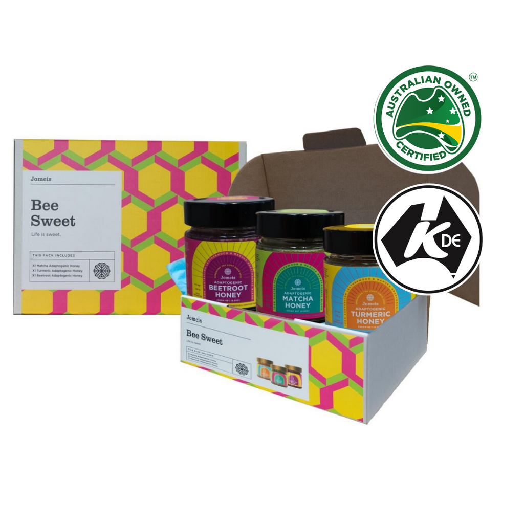 A bee sweet gift pack box. On the left is an image of the closed box. On the right is an image of the beetroot, matcha and turmeric honey pots that come inside