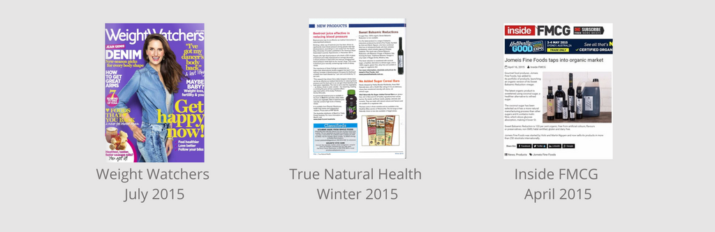 Three articles that Jomeis Fine Foods featured in. From left to right they are, Weight Watchers (July 2015), True Natural Health (Winter 2015), Inside FMCG (April 2015).