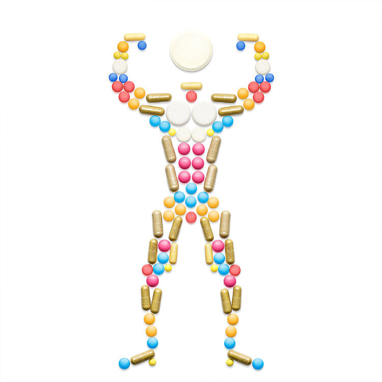 A digital image of different vitamins and supplements. They have been arranged to look like a man standing up and flexing his muscles. The vitamins are white, yellow, blue and pink and are all circular or oval in shape. 