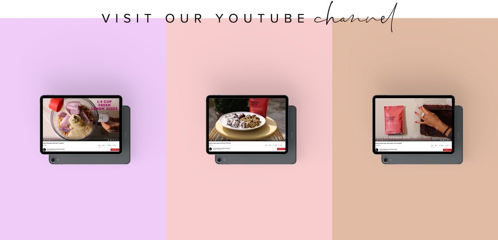 a Neapolitan background (purple, pink and brown) with three ipads, one on each section. They are showcasing different elements of the Jomeis Fine Foods youtube channel. On the top of the image some text reads 'visit our youtube channel.'