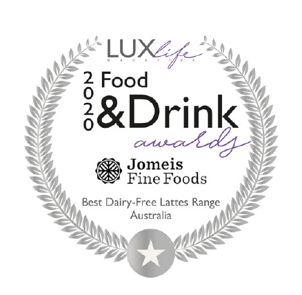 LuxLife 2020 Food & Drink Award emblem. Jomeis Fine Foods were the winner of the Best Dairy-Free Lattes Range in Australia in 2020. 