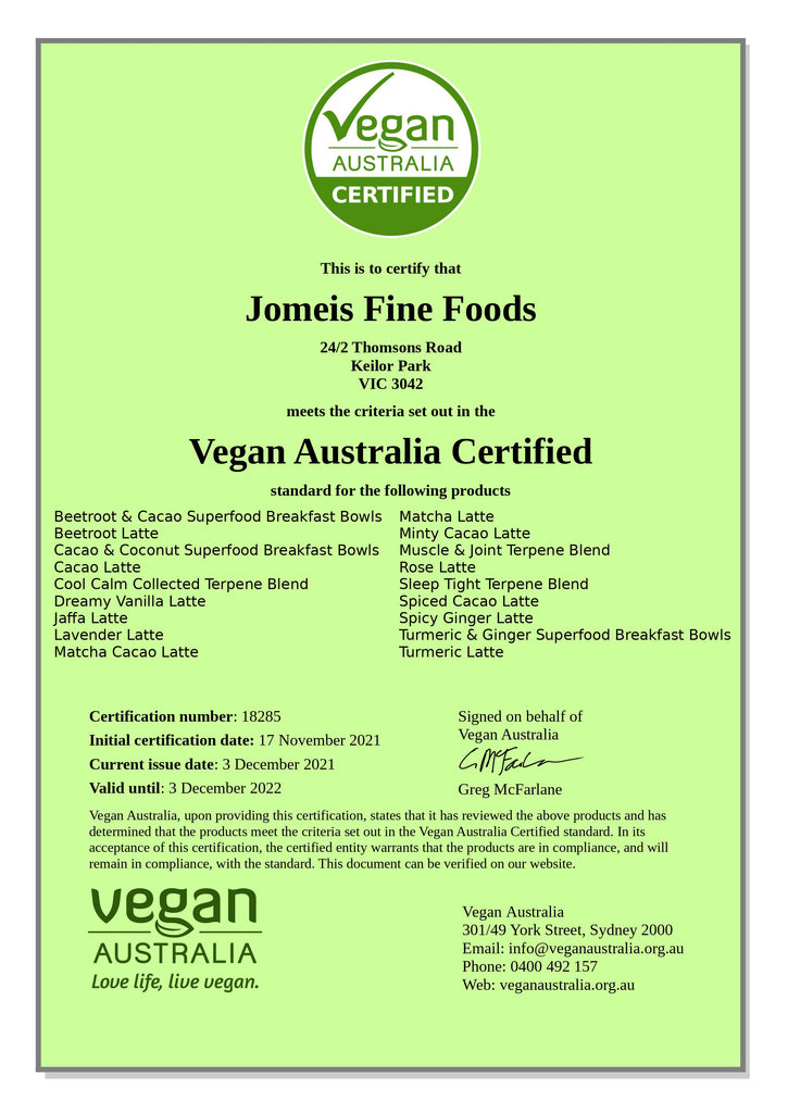 A green certificate that shows that Jomeis Fine foods is vegan certified
