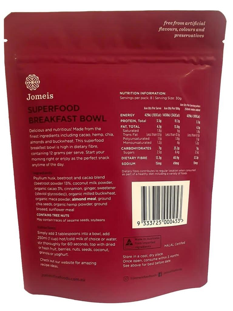 The back of the Jomeis Fine Foods Superfood Breakfast Bowl. It shows the description, ingredients, nutritional value and directions of use.