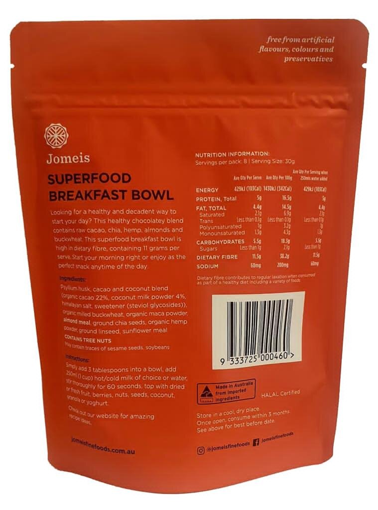 The back of the Superfood Breakfast Bowl Packet. This image shows the product descriptions, ingredients, directions and nutritional information 