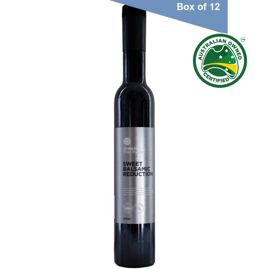 A jomeis fine foods 375 ml sweet balsamic reduction. It has a silver label. It is resting on a white background 