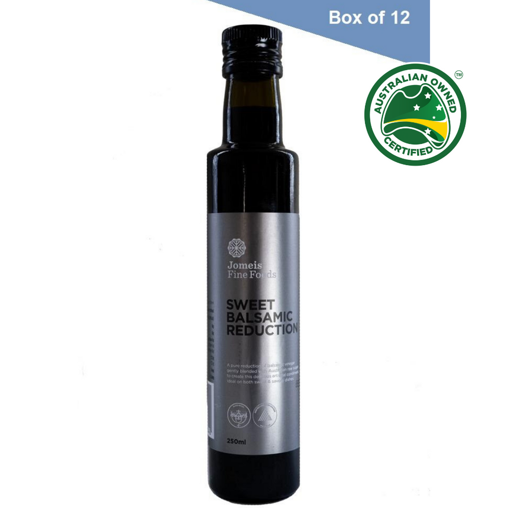 A jomeis fine foods 250 ml sweet balsamic reduction. It has a silver label. It is resting on a white background 