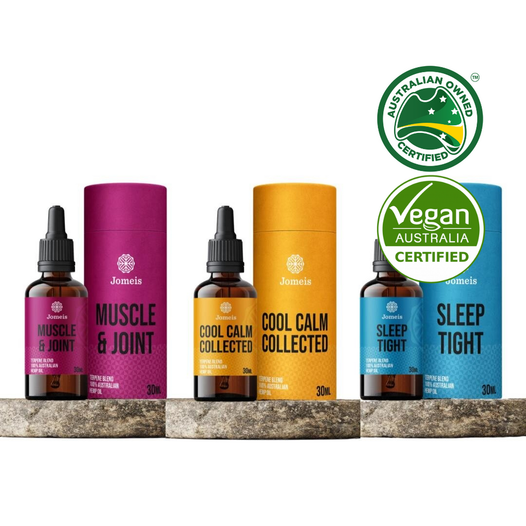All three Jomeis Fine Foods terpenes. From left to right they are, muscle & joint, cool calm collected and sleep tight