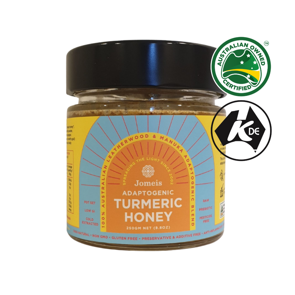 An adaptogenic turmeric honey on a white background. The label is blue and yellow.