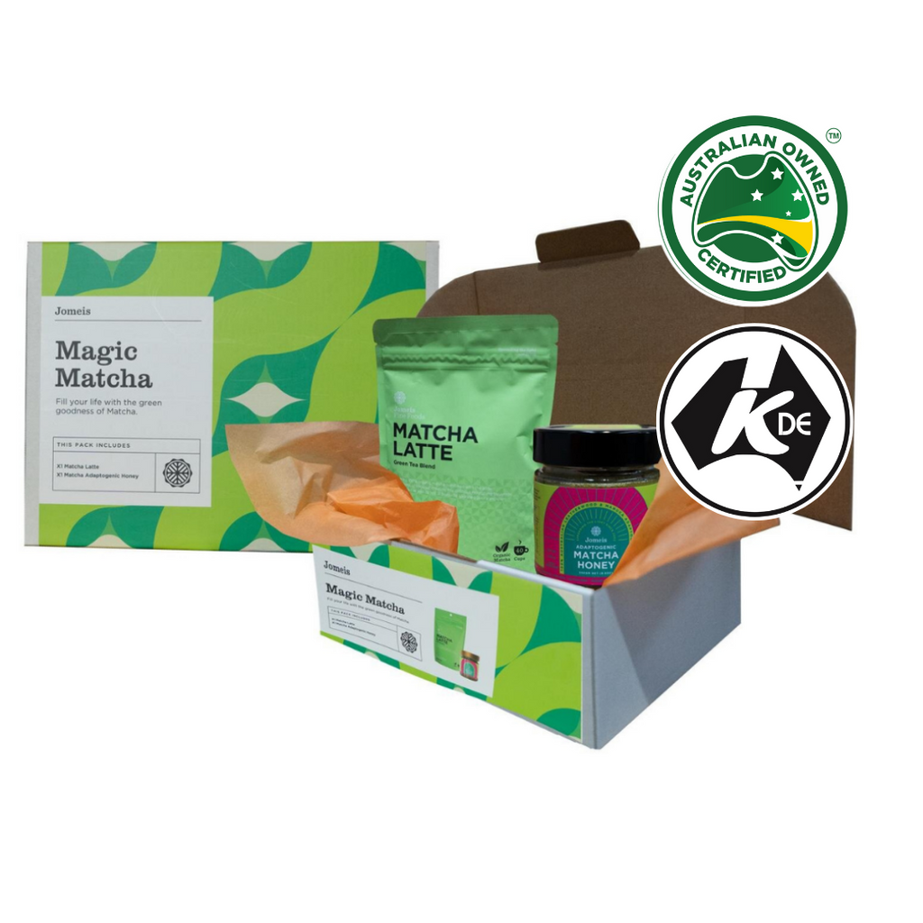 A photo of the Jomeis Fine Foods Magic Matcha Pack. On the left it shows the exterior of the box, which has a retro green print. On the right, it shows the products included inside; a matcha latte and matcha honey