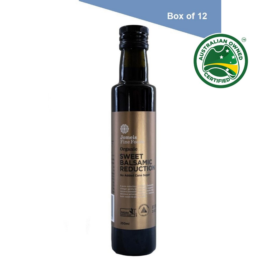 A bottle of Jomeis Fine Foods 250 ml Organic Sweet Balsamic reduction. it has a gold label. The top-right of the image has a graphic that reads, "box of 12."