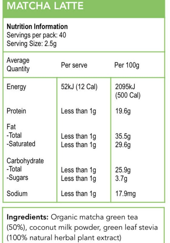 The Jomeis Fine Foods Matcha latte Nutritional guide. It features the nutritional information and ingredients 